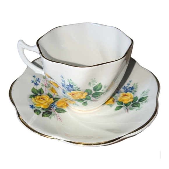 Rosina| England Bone China Yellow Golden Floral Fancy White Tea Cup with Saucer - Picture 4 of 10